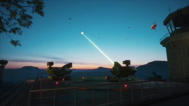 Laser Defense Turrets Intercepting Drone Swarm at Dusk