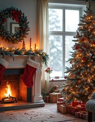 Obraz premium Warm Christmas room interior features lit fireplace, decorated fir tree, stockings, gifts, and snow outside window. Festive home atmosphere.