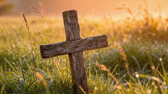 Illuminating rising sun bathing small worn wooden cross in grassy meadow, dew droplets sparkling