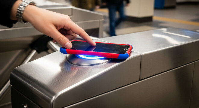 Close-up of hand using phone to pay at a metal turnstile with blue light, illustrating modern payment method, convenience and technology access