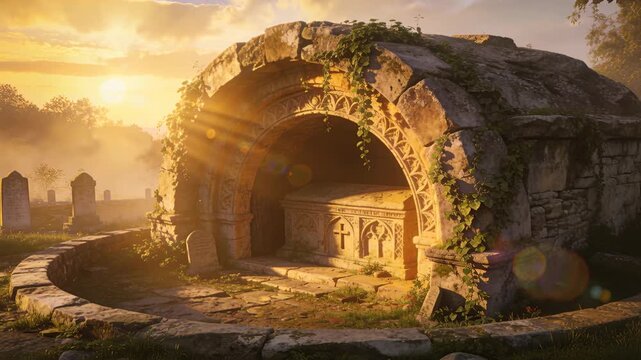 Shifting sunlight sweeping over stone arched tomb at graveyard, revealing carved sarcophagus