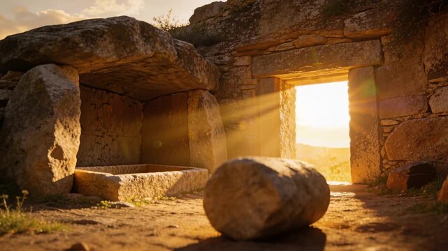 Casting sunrise beams, low sun brightening rock-cut doorway, revealing cylindrical stone, bench