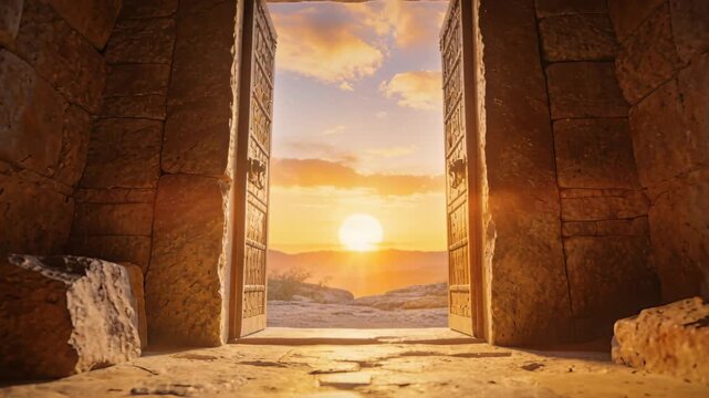 Framing stone doorway inside chamber, sun rising, wooden doors opening, lens flare filling floor
