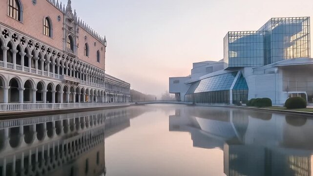 Architectural buildings on opposite sides of calm water, reflection of structures below
