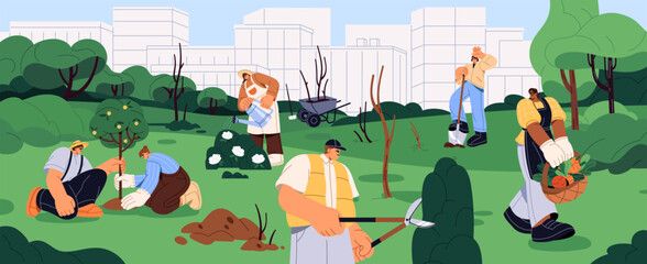 Gardeners care about plants in urban park. People dig with shovel, cut with pruning shears, planting trees in city. Team saves nature, watering and landscaping in garden. Flat vector illustration © Paper Trident