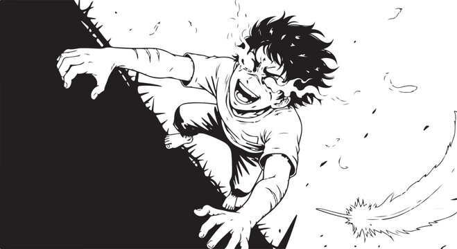 Vector illustration of a man jumping off a cliff in black and white