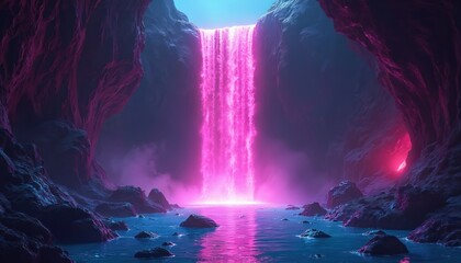 Obraz premium Neon waterfall cascades into dark abyss with glowing water. Rocks surround tranquil blue lake in cave. Futuristic digital art fantasy landscape. Mysterious ocean deep nature.