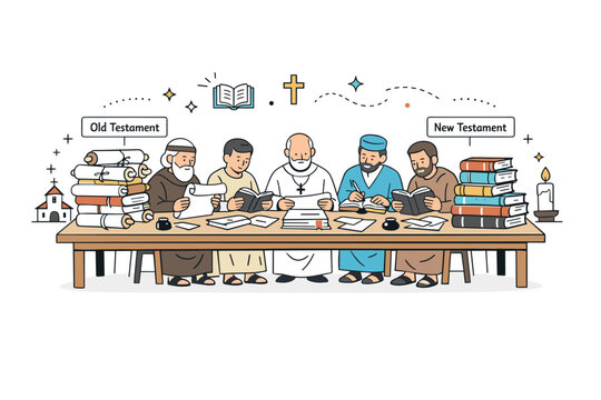 Formation of the Bible canon. Scholars sit at a large table reviewing scrolls and codices, thoughtfully selecting texts while small labels like ?Old Testament?
