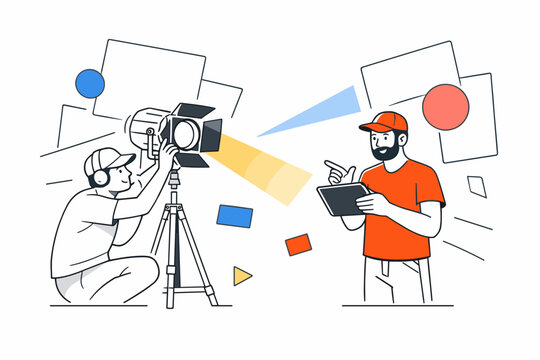 Perfecting cinematic lighting setup. The cinematographer fine-tunes a spotlight while the director studies a tablet screen, discussing framing and shadows.