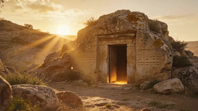 Rising sun shifting rays, heritage tomb door emitting warm glow, revealing carvings, drifting dust