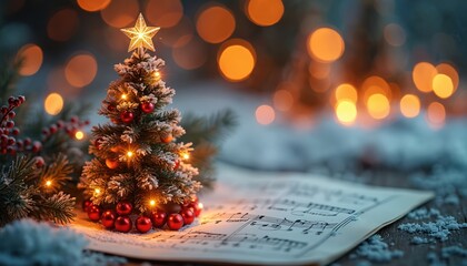 Obraz premium Small decorated Christmas tree rests on sheet music near snowy branches. Festive lights glow, star atop tree sparkles. Winter holiday scene with bokeh background lights.