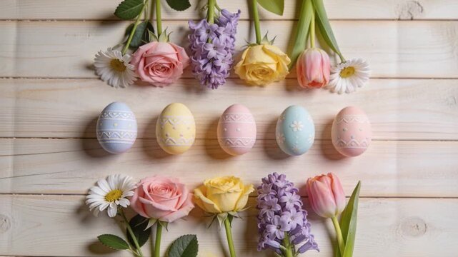 Shifting camera pulling back, centering, revealing five pastel eggs on painted plank with flowers