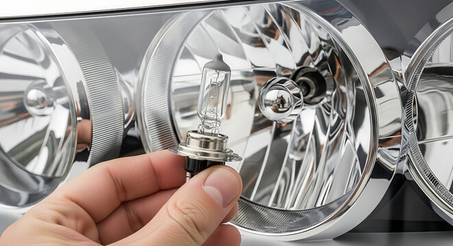 Skilled hand replacing a worn car headlight bulb, ensuring automotive safety and optimal visibility maintenance