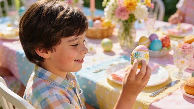 Presenting painted egg, boy in plaid shirt smiling and inspecting egg at garden table