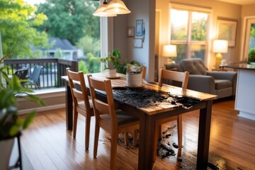 Fototapeta premium Scorched Dining Area with Burnt Lamp Fixture and Damaged Table Surfaces from Fire Hazard