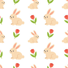 Obraz premium Cute rabbit seamless pattern with bunny, tulip and spring flower