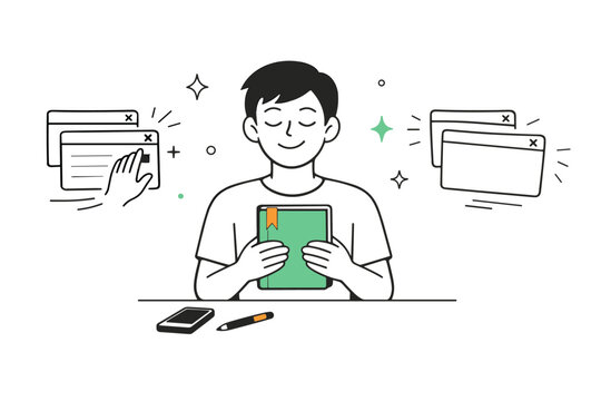 Second brain simplification moment. Person choosing a single notebook or minimal system, closing extra tabs with relief. Scene conveys clarity, release, and