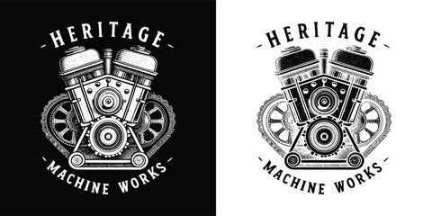 Obraz premium Vintage style v twin engine design featuring heritage machine works emblem available in black and white versions