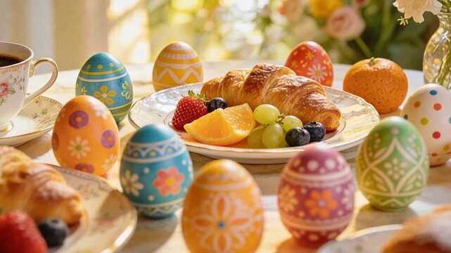 Pushing camera initiating push-in on painted eggs at home table, highlighting croissant and fruit