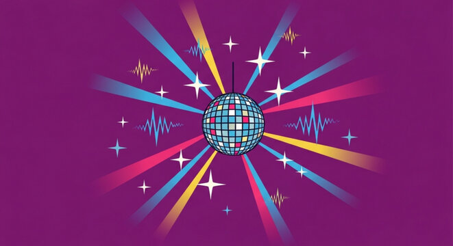 Vibrant disco ball with colorful rays and sparkles on purple background symbolizing fun and celebration