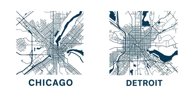 Chicago and Detroit City Map Illustrations - Urban Grid and Waterways