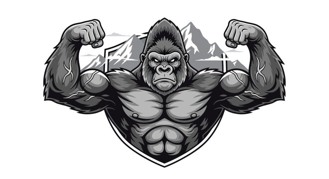 Strong gorilla icon with mountains in background for athletic and fitness designs