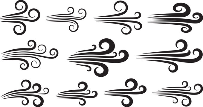 Black and white swirling wind graphic design elements set