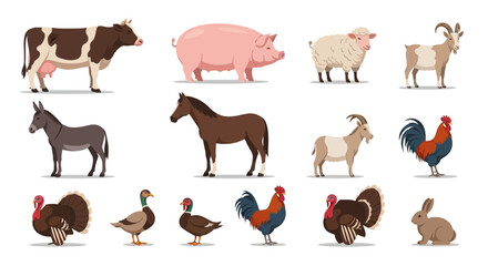 Fototapeta premium Farm animals illustration cow pig sheep goat donkey horse rooster and more