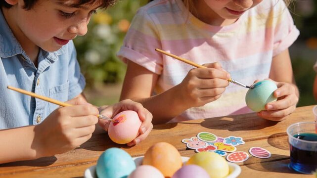Painting eggs after holding pink egg, kids in blue pastel shirts crafting in garden with dyes