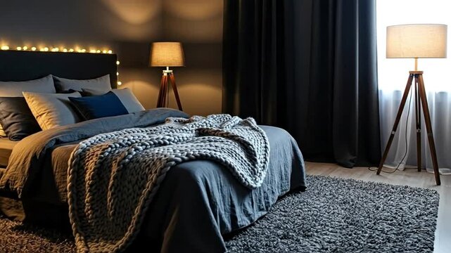 A cozy modern bedroom with warm lighting and textured decor.
