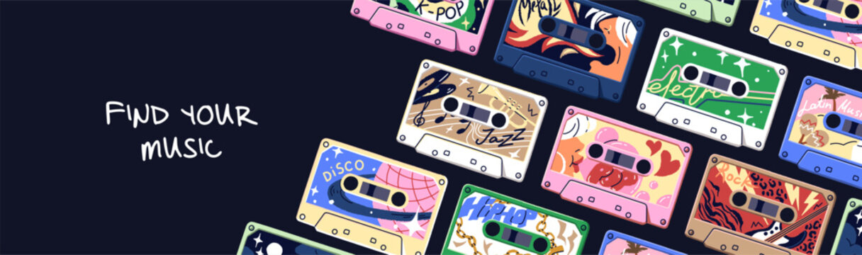 Design of banner with different audio cassettes. Template with vintage mix tapes with various music. Layout with retro mixtapes, old audiocassettes, reels with songs. Flat vector illustration