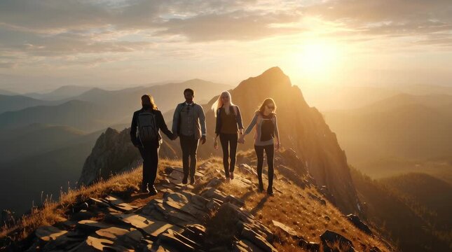 A cinematic, professional landscape scene of a small group of business professionals hiking across a mountain ridge while holding hands in support and unity. The group is silhouetted against a warm af