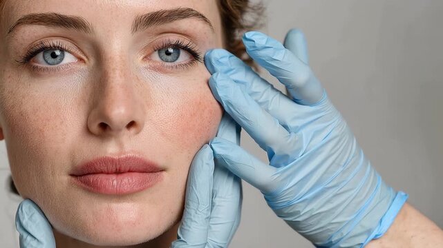 Woman with skin condition on cheek receives examination from medical professional in a clinical setting