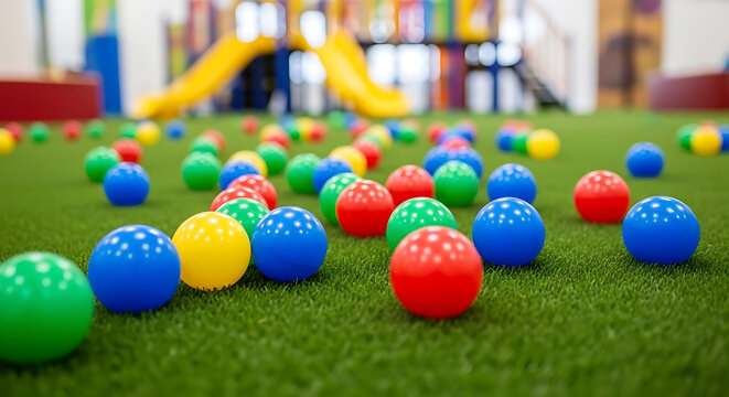 Brightly Colored Balls Scattered on Artificial Green Grass in a Play Area