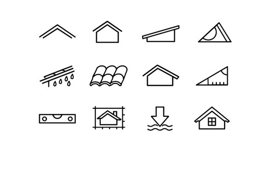 Roof Slope. Line icon set of Roof Slope: pitched roof, gable roof, shed roof, roof angle, rain runoff, roof tiles, house profile, slope measurement,