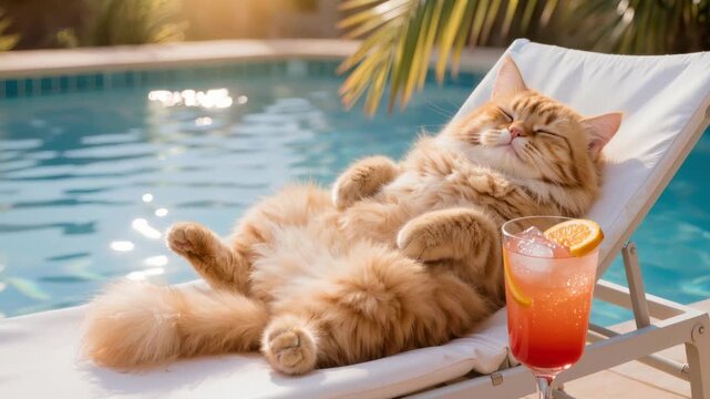 Fluffy ginger cat relaxing on sun lounger by swimming pool with refreshing cocktail. Funny summer vacation concept with pet enjoying sunny luxury leisure.