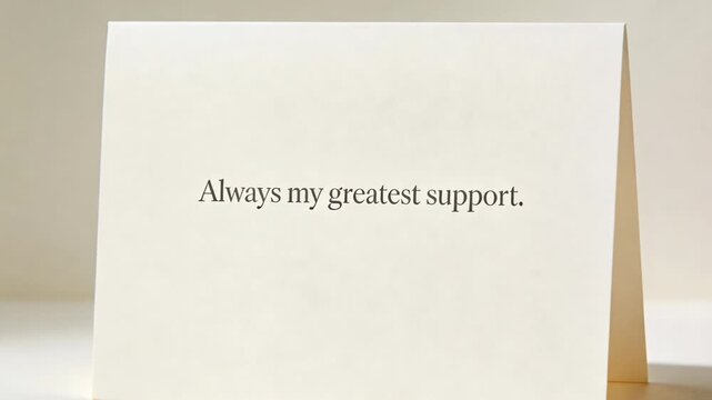 Camera shifting frame, card standing upright, printed text enlarging, showcasing card design