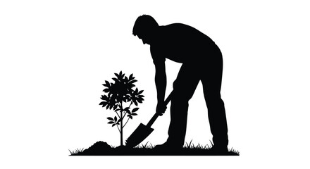 Gardener planting a small tree with a shovel black silhouette © MDSAJIB
