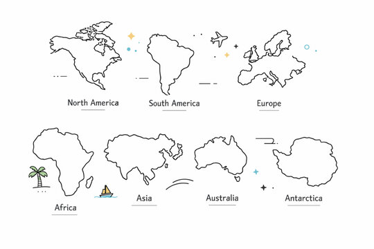 Continents infographic style. Individual continent shapes labeled with small, simple text or icons, arranged neatly for easy comparison. The illustration feels