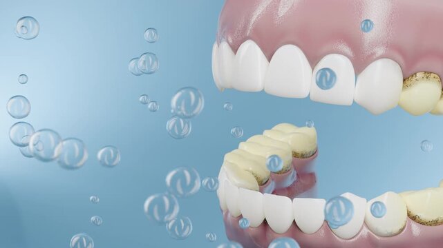 3D dental animation of bacteria floating away from teeth during cleaning. Concept of antibacterial protection and deep oral hygiene used in dental product promotion