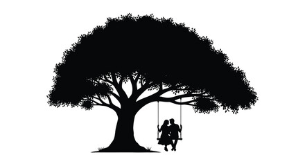 Couple on a swing beneath a large tree a dark silhouette