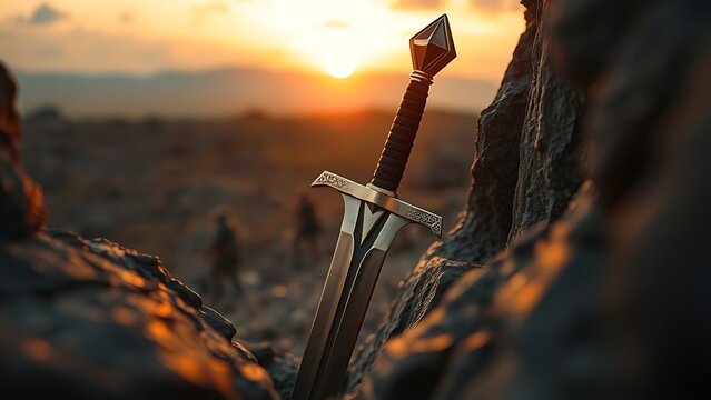 longsword. Medieval longsword in rocky crevice at sunset, blade reflecting warm light. inspiring travel planning, lifestyle magazines, designed for influencer and brand collaborations.