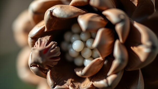 ovules. A pine cone with parted scales revealing tiny pearl-like ovules inside, botanical focus. gardening catalogs, home-decor guides, designed for home decor and floral branding.