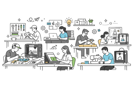 Coworking maker space overview. Wide scene showing multiple workstations, tools, and people creating in parallel. Organized, friendly, and innovative shared