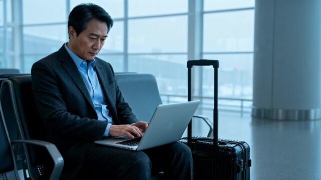 Placing laptop, Asian man in suit typing, adjusting angle while waiting at airport with suitcase