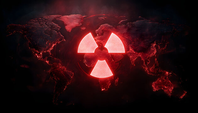 Global radiation warning map with a glowing nuclear symbol, highlighting nuclear risk and environmental danger