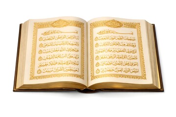 Fototapeta premium Quran book showcasing intricate Arabic writing against a white background.