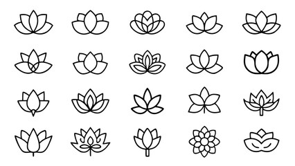 Obraz premium A set of thirty white outline lotus designs on a black background.