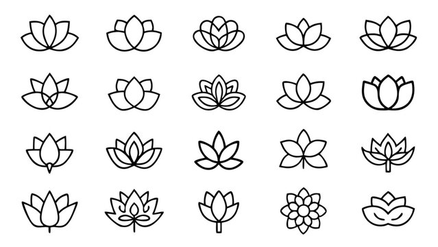 A set of thirty white outline lotus designs on a black background.