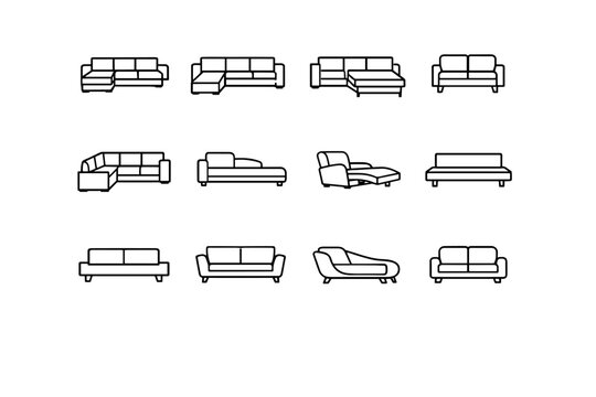 Sofa Styles. Line icon set of Sofa Styles: modular sofa, sectional sofa, sleeper sofa, loveseat sofa, corner sofa, chaise lounge sofa, recliner sofa, futon